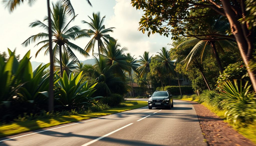 Tropical Bali road leading toward a luxury villa area with private transfer vehicle