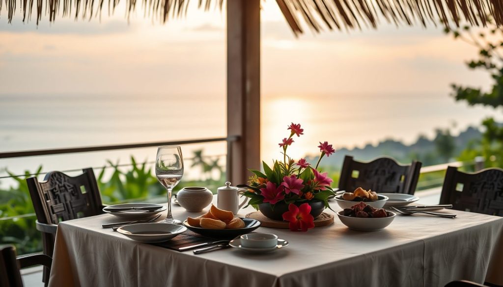 Luxury Bali dining table with refined Indonesian dishes on a private villa terrace