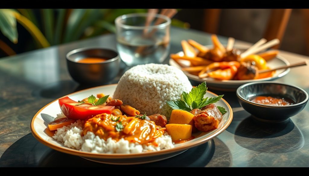 Balinese nasi campur plate styled for an upscale travel dining guide