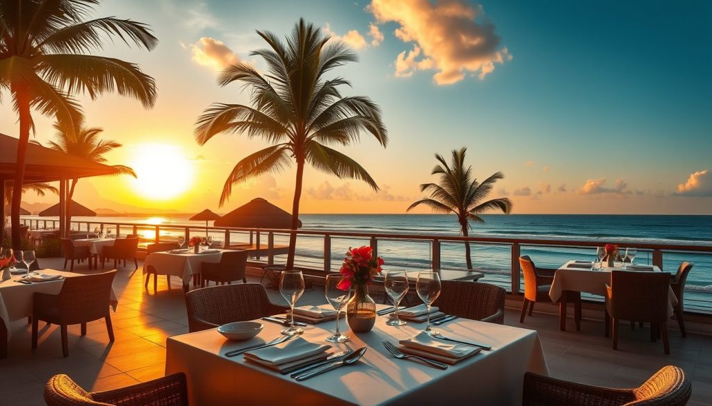 Bali beach club dining scene at sunset with ocean views and elegant table settings