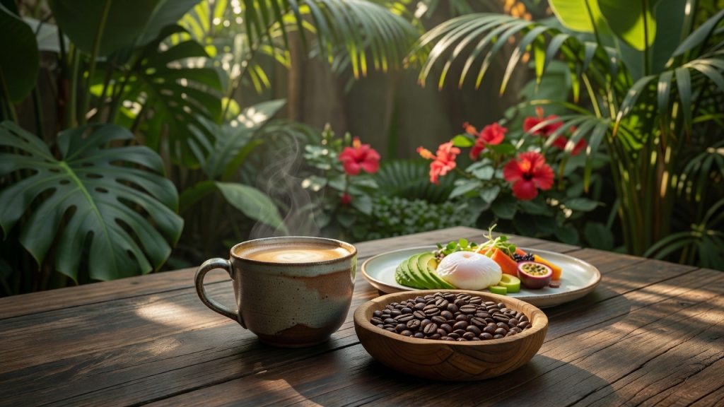 Specialty coffee and brunch scene in a refined Bali café with tropical greenery