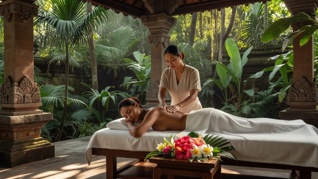 Luxury Bali jungle spa pavilion prepared for a wellness treatment