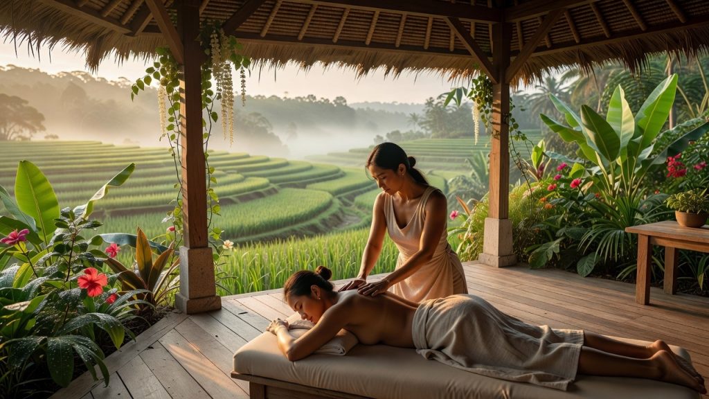 Open-air Bali massage pavilion overlooking rice fields at sunrise
