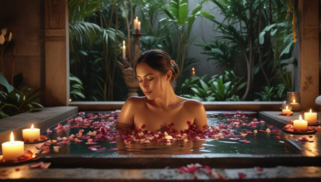 Bali spa bath ritual with flower petals and tropical greenery