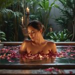 Bali spa bath ritual with flower petals and tropical greenery
