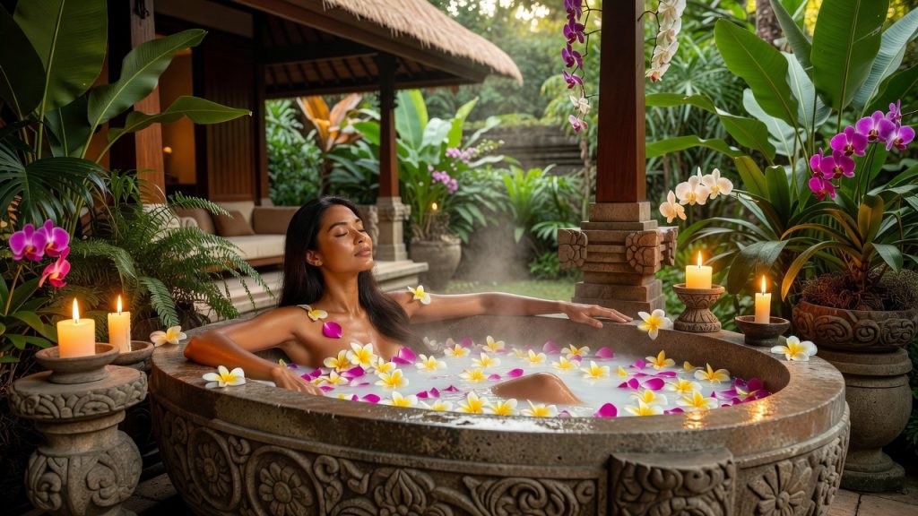 Bali spa bath ritual with flower petals and tropical greenery