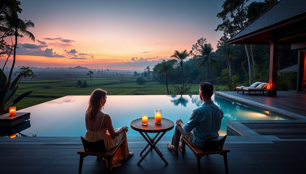 Couple at a private Ubud jungle villa terrace with a 629771226