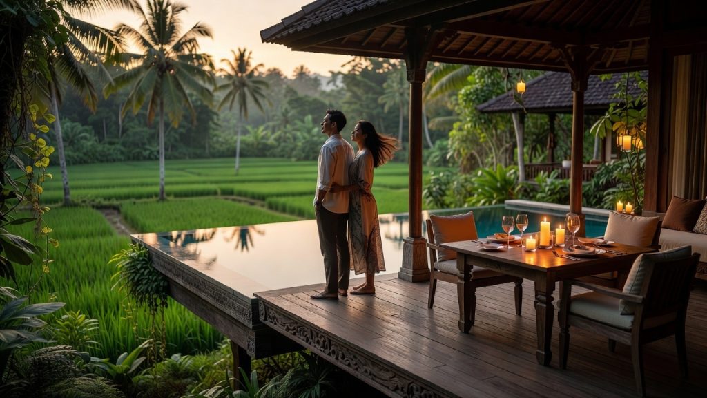Ubud jungle villa terrace with private pool and dining setup for two