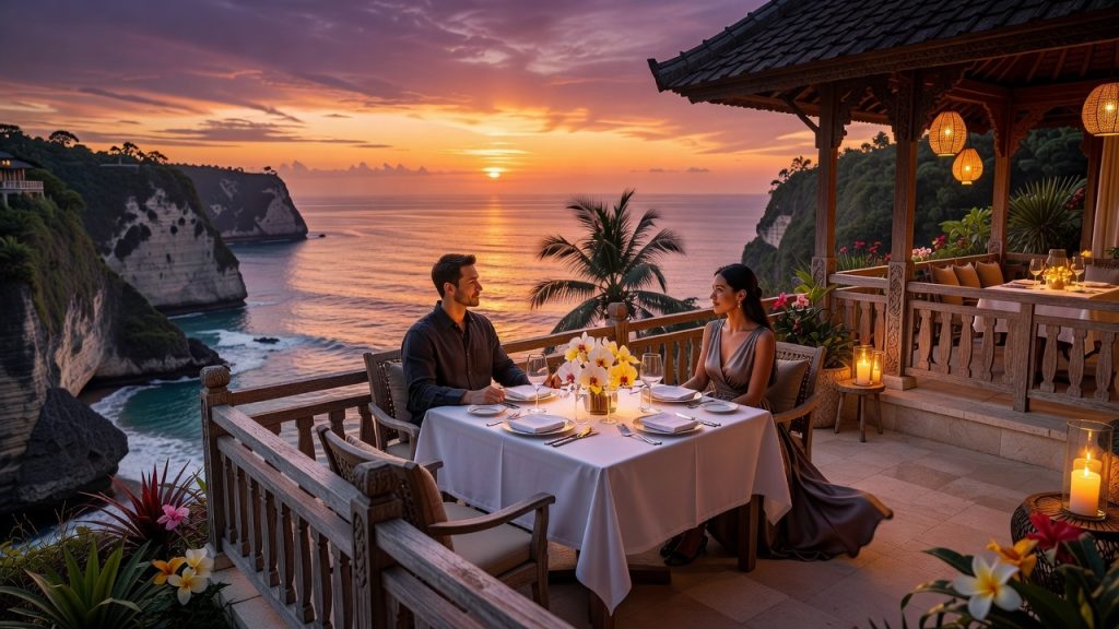 Uluwatu clifftop dining terrace at sunset for a luxury Bali honeymoon