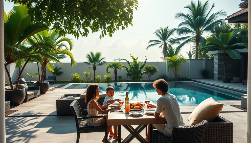 Private Bali family villa terrace with pool and tropical garden setting