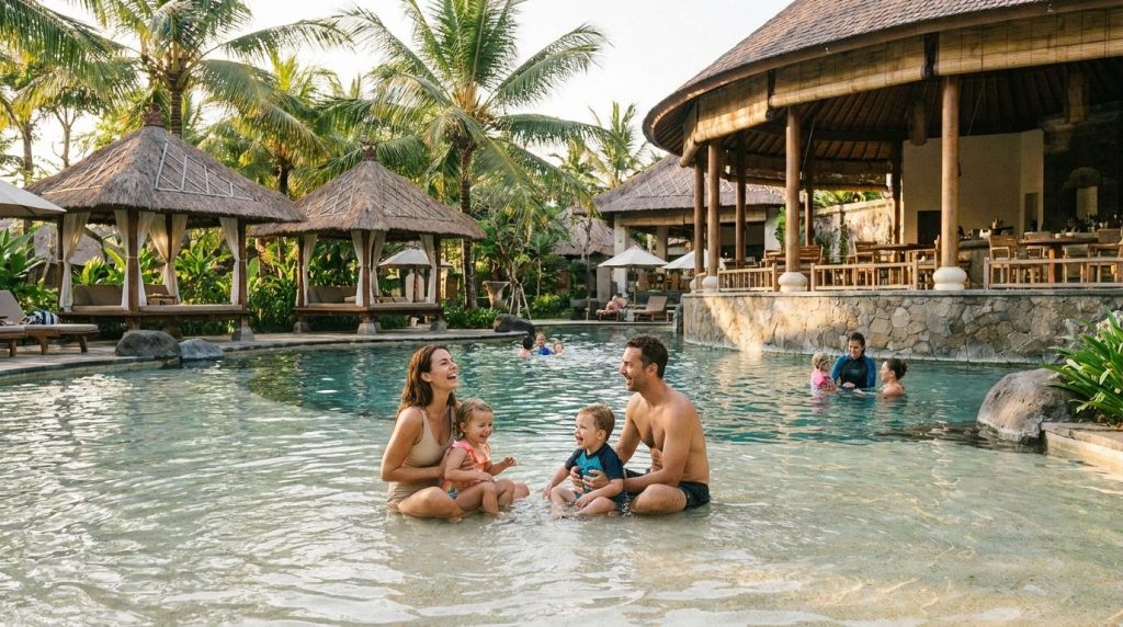 Family-friendly Bali resort pool area with shaded seating and palm trees