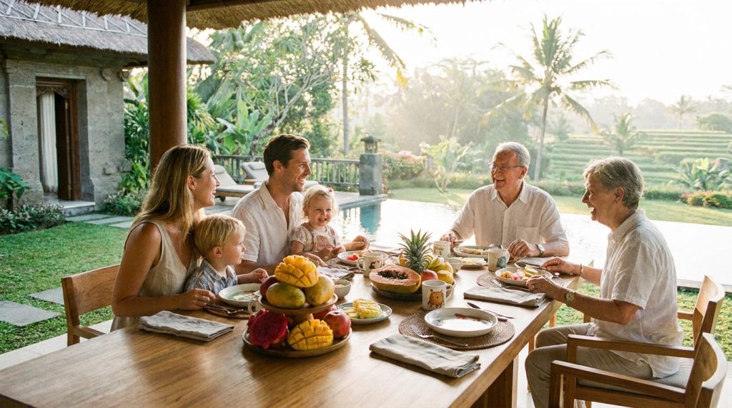 Bali villa breakfast setup designed for parents and children