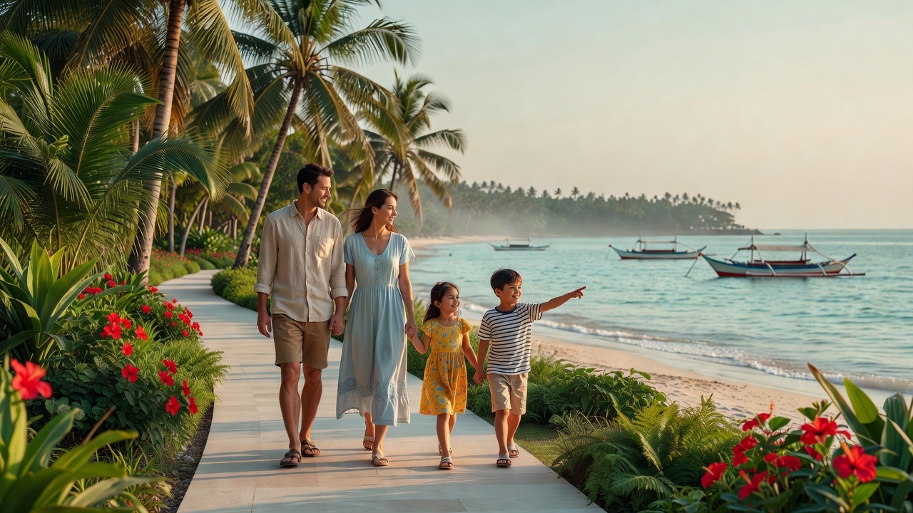 Calm Sanur beachfront path with family-friendly Bali resort atmosphere