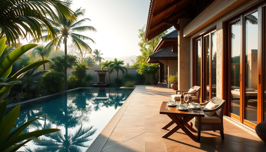 Private Bali villa terrace with tropical greenery and luxury pool