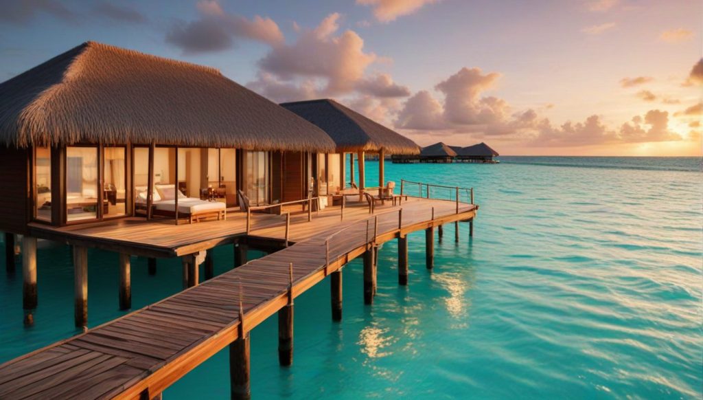 Maldives overwater bungalow above a turquoise lagoon at sunset