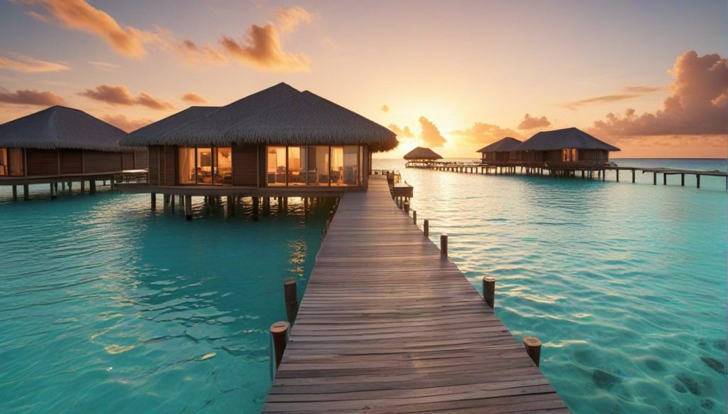 Maldives overwater bungalow above a turquoise lagoon at sunset