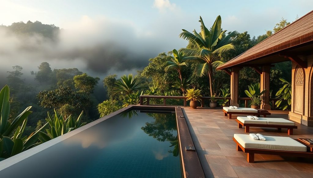 Ubud jungle villa terrace with private infinity pool and lush greenery