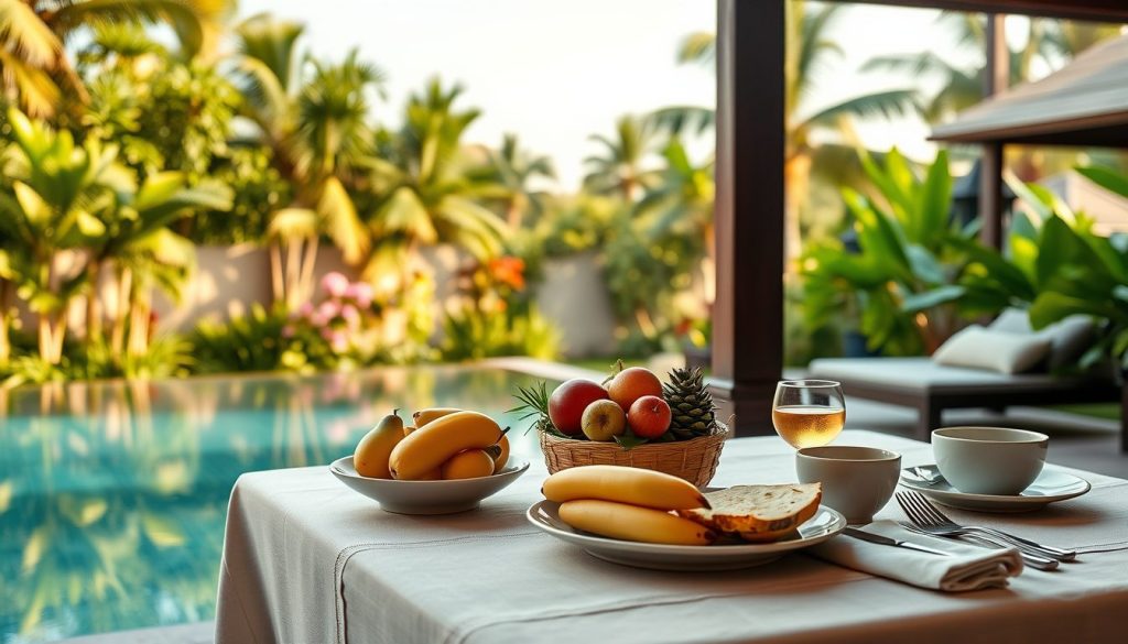 Bali villa breakfast setup beside a private pool and tropical garden