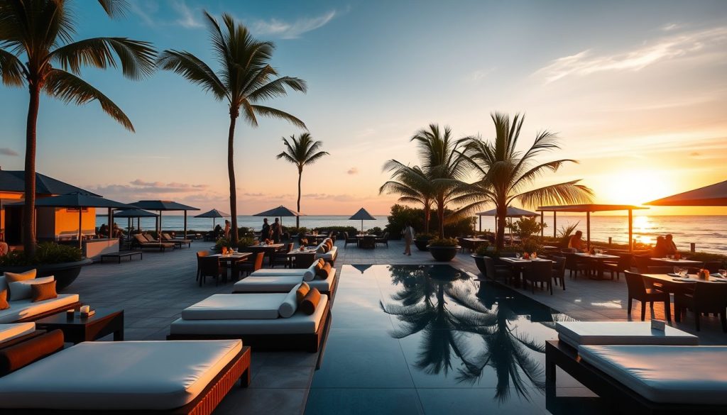 Upscale Bali beach club at sunset with refined daybeds and ocean view