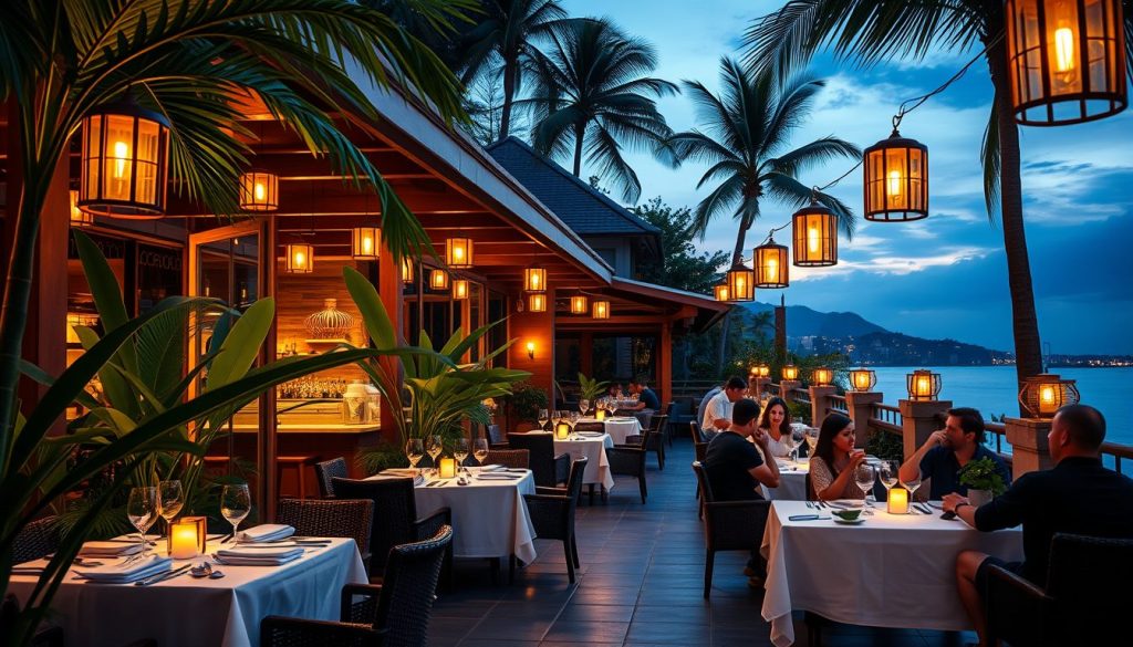 Seminyak restaurant terrace at dusk with luxury dining atmosphere