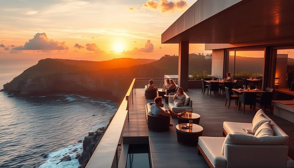 Uluwatu cliff club terrace at sunset overlooking the ocean