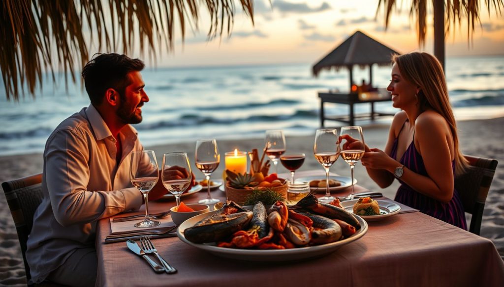 Jimbaran seafood dinner setup on the beach at sunset