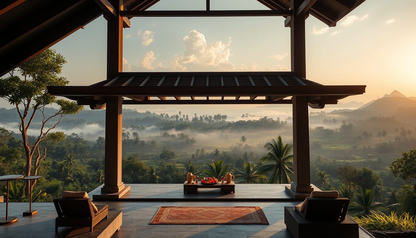 Luxury Bali pavilion overlooking a jungle valley, rice terraces, and a distant volcano at sunrise