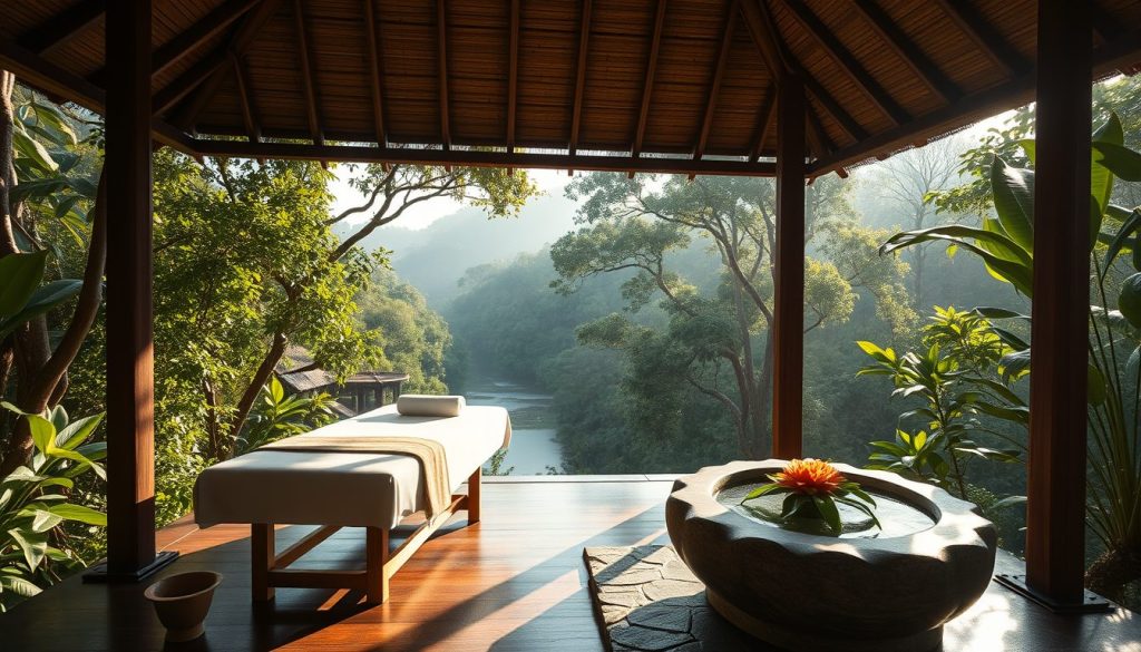 Private open-air jungle spa pavilion in Ubud with a flower bath and tropical river valley views