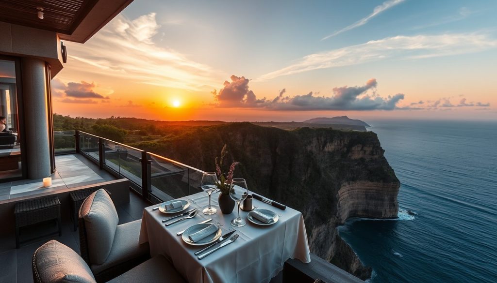 Private cliffside dining table in Uluwatu overlooking the Indian Ocean at sunset