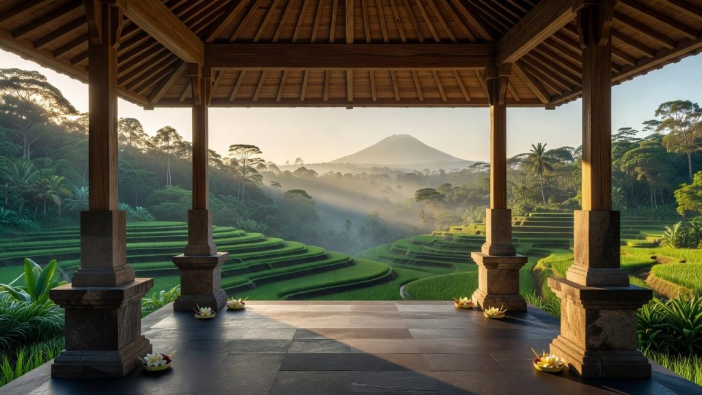 Bali rice terraces covered in morning mist with a distant volcano at sunrise