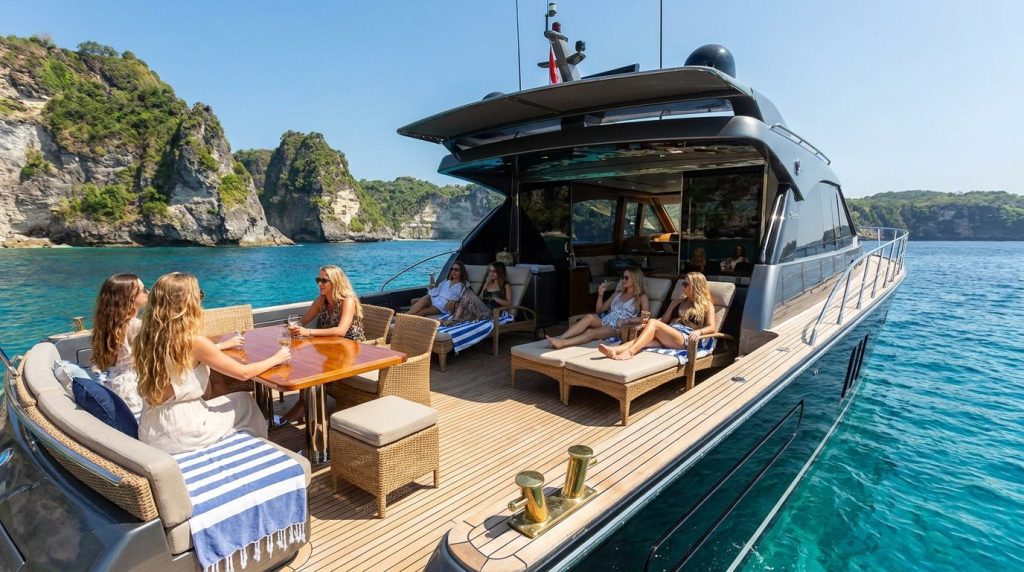 Private yacht cruising through turquoise water beside the limestone cliffs of the Nusa Islands