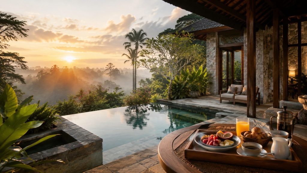 Luxury Bali villa with private pool and tropical greenery at sunrise