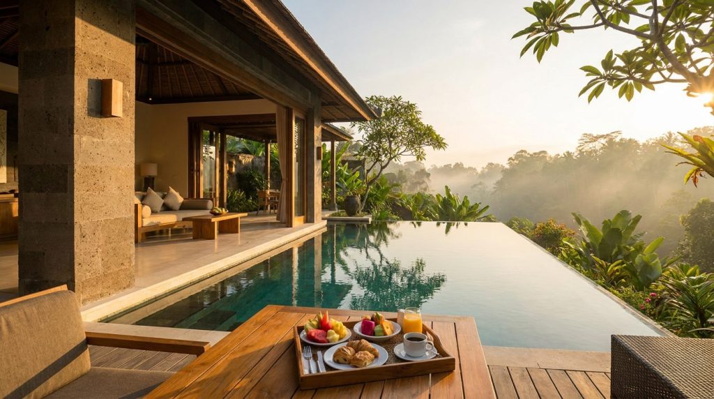 Elegant Bali travel scene showing villa culture and tropical luxury