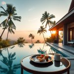 Bali luxury resort pathway with tropical landscaping and warm lighting