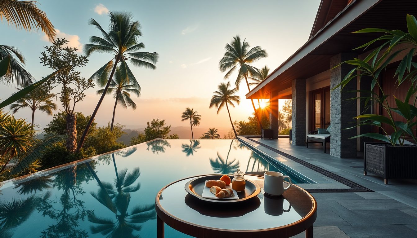 Bali luxury resort pathway with tropical landscaping and warm lighting