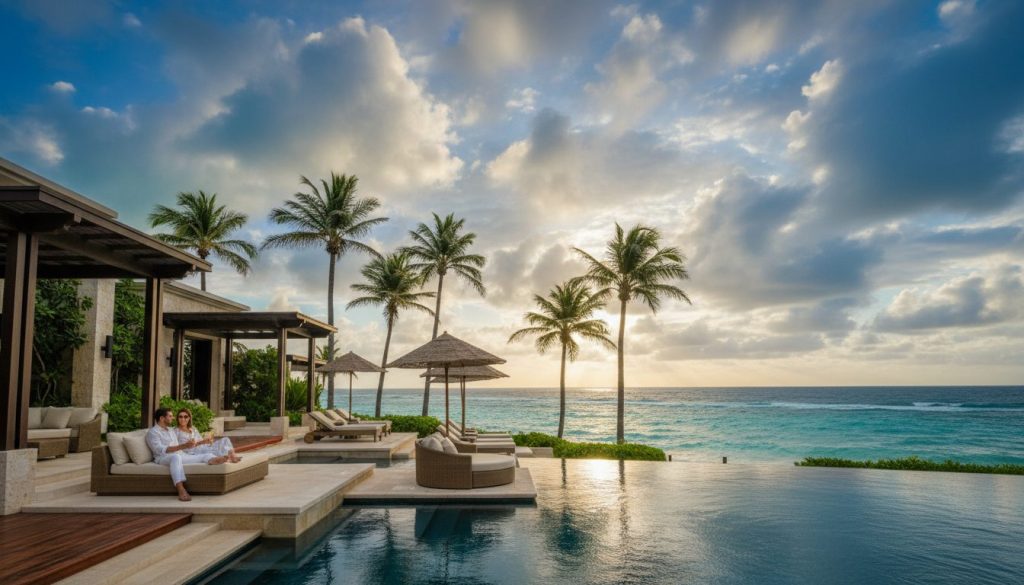 Beautiful travelers at a luxury Caribbean beachfront resort with tropical clouds, light coastal wind, and upscale poolside surroundings during hurricane season.