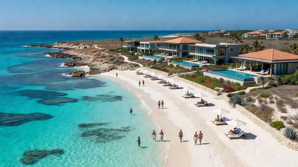 Aerial view of a luxury southern Caribbean resort coastline with beautiful travelers, illustrating the lower-risk appeal of the ABC islands during hurricane season