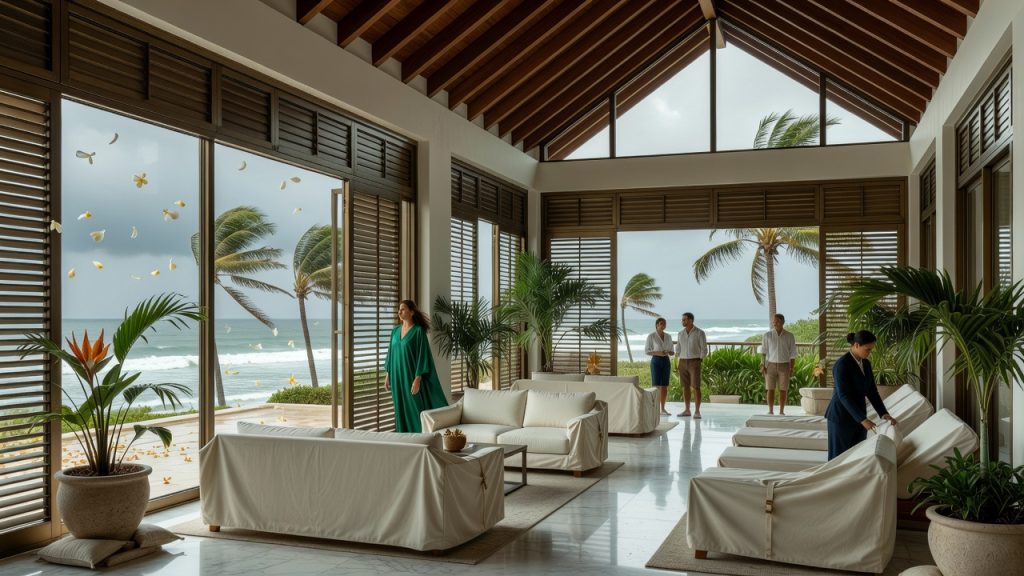 Beautiful guests inside a luxury resort interior and covered terrace showing polished storm-prepared design during tropical weather