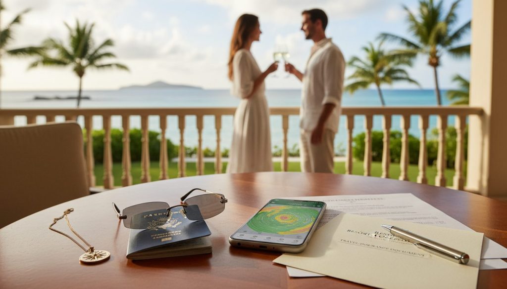 travelers reviewing weather, booking details, and insurance documents near a Caribbean resort balcony