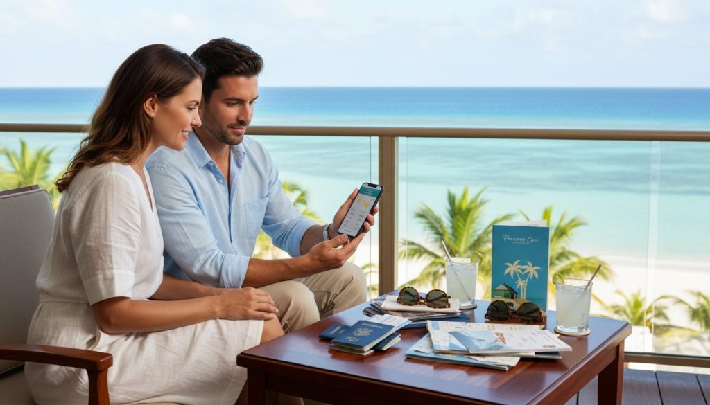 couple reviewing hurricane-season weather and travel plans from a Caribbean resort balcony