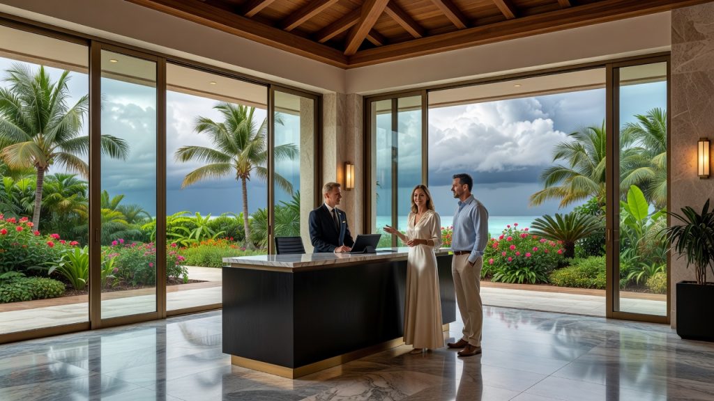 travelers discussing hurricane-season plans with a concierge at a luxury Caribbean resort