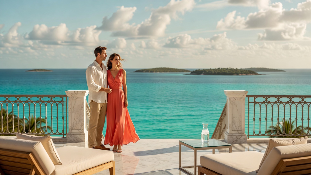 couple on a luxury Caribbean resort terrace overlooking islands and tropical water during hurricane season
