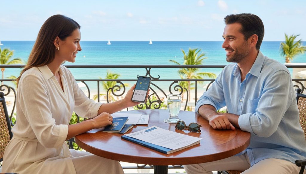 travelers reviewing Caribbean weather and resort plans on a balcony during hurricane season