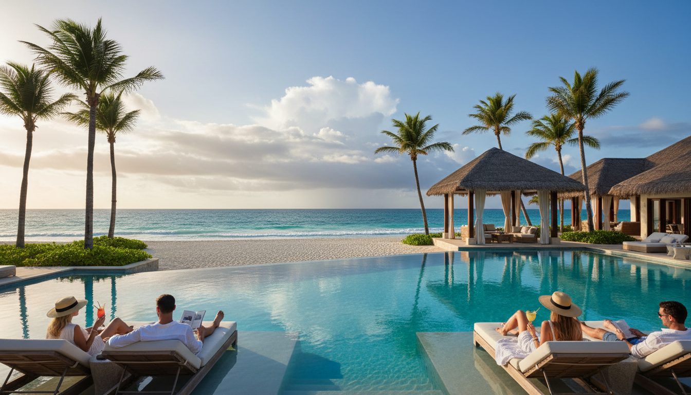 Luxury travelers relax beside an infinity pool at a southern Caribbean resort during hurricane season