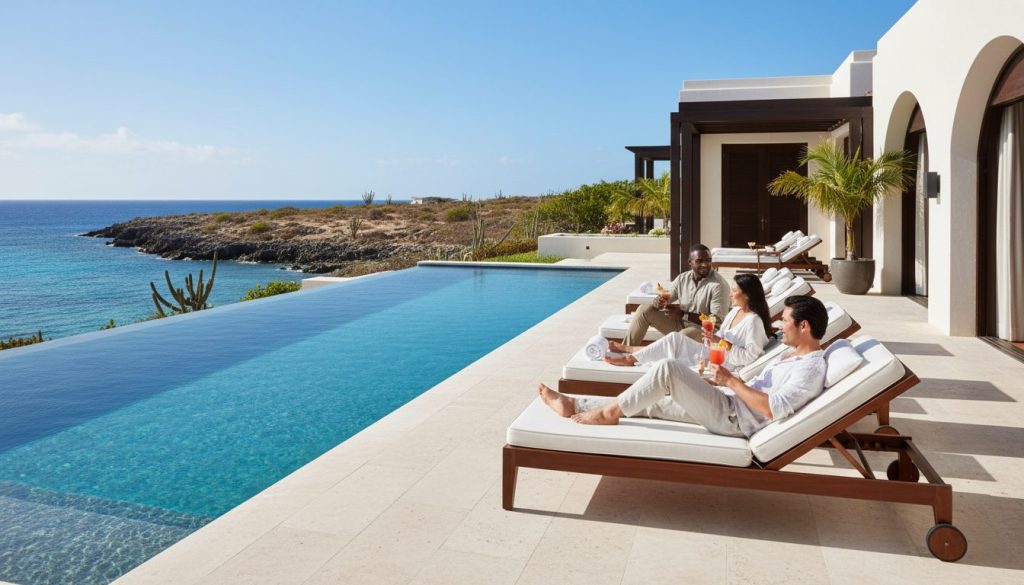 An upscale ABC islands resort welcomes beautiful travelers beside turquoise water and a dry southern Caribbean landscape