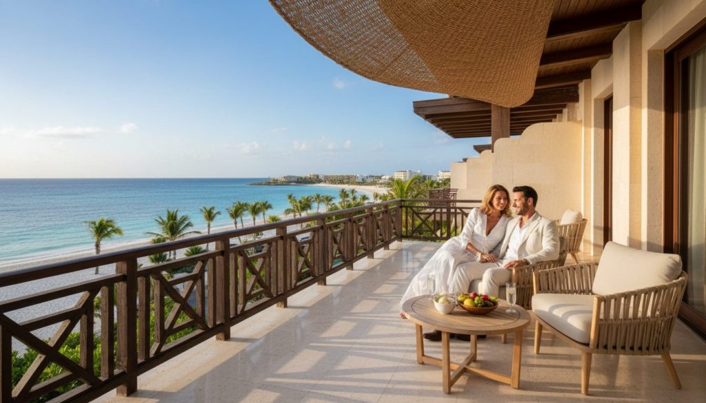 A couple enjoys a Caribbean view from a luxury resort balcony in Curaçao
