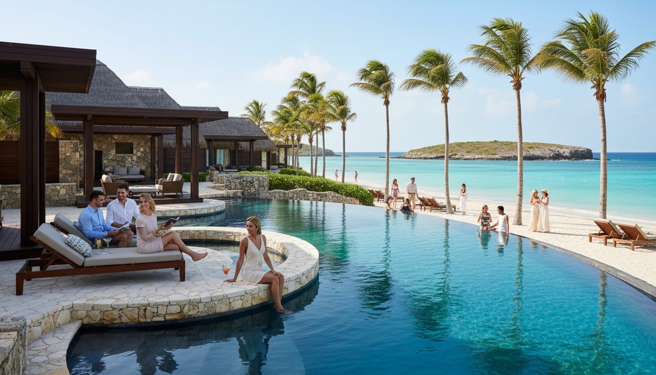 Beautiful travelers relax at an upscale ABC islands resort overlooking turquoise Caribbean water