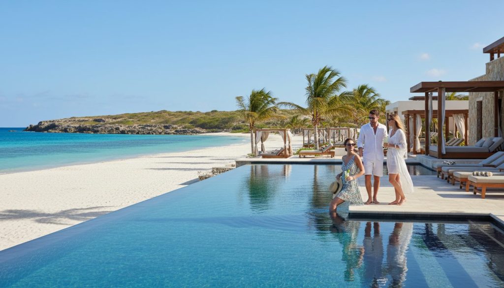 travelers enjoy a luxury Aruba beachfront resort on a bright southern Caribbean day