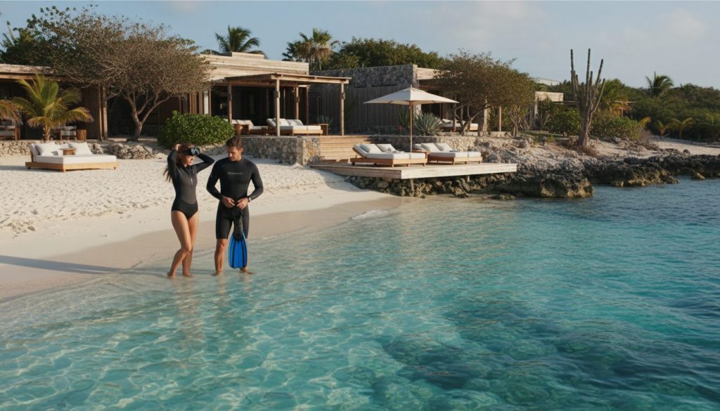 travelers prepare for snorkeling beside an upscale Bonaire resort and clear Caribbean water