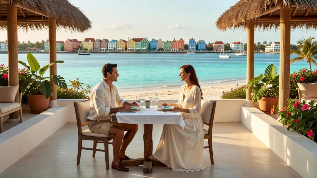 A beautiful couple overlooks turquoise water from an elegant luxury resort terrace in Curaçao